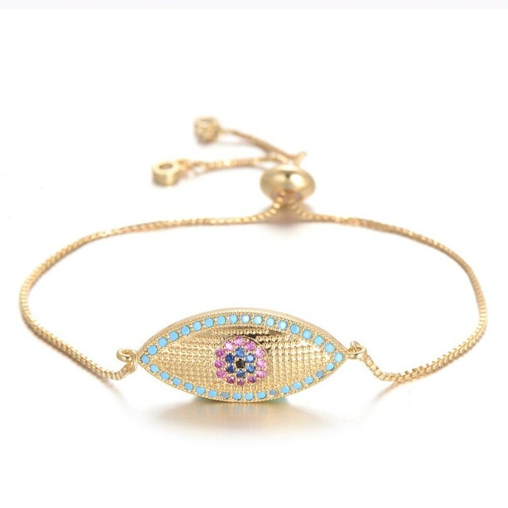Large Evil Eye Pave Cubic Zirconia Yellow Gold Thin Adjustable Bracelet 25$